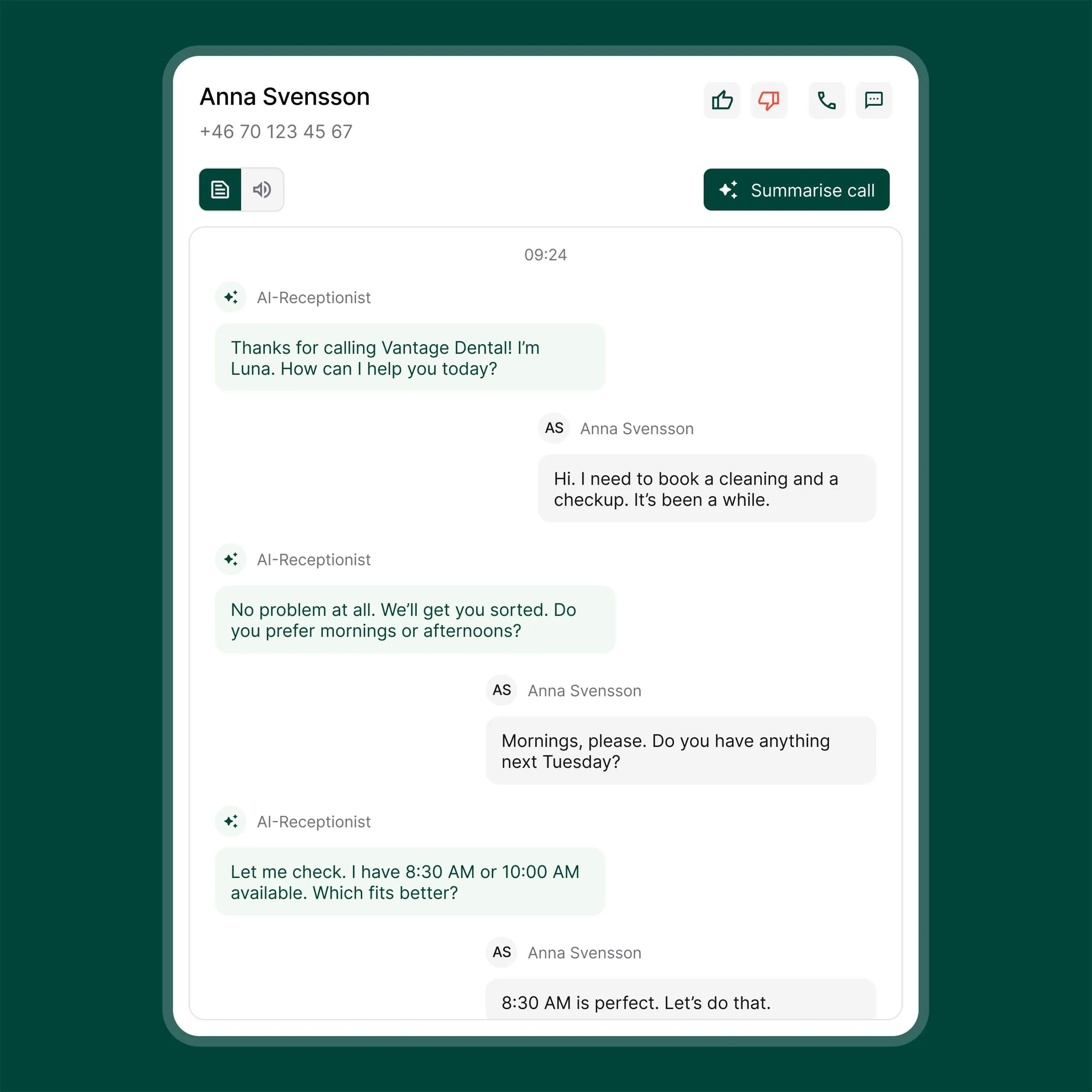 Exemple de tableau de bord de la réceptionniste IA avec transcription d’appel